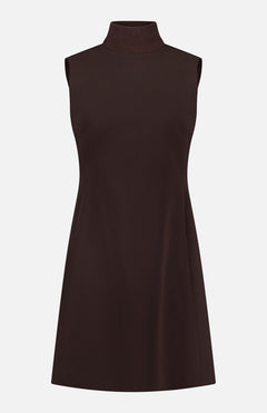 THEORY Turtleneck Aline Dress in dark brown, a sleeveless mini dress with a mock neck and timeless A-line silhouette, shown against a plain white background.