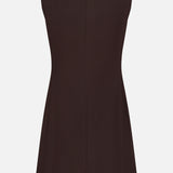 The THEORY Turtleneck Aline Dress is a sleeveless, knee-length dark brown piece displayed from the back, featuring a high turtleneck-inspired collar and a concealed center zipper. Its simple, straight A-line silhouette is free of visible embellishments or patterns.
