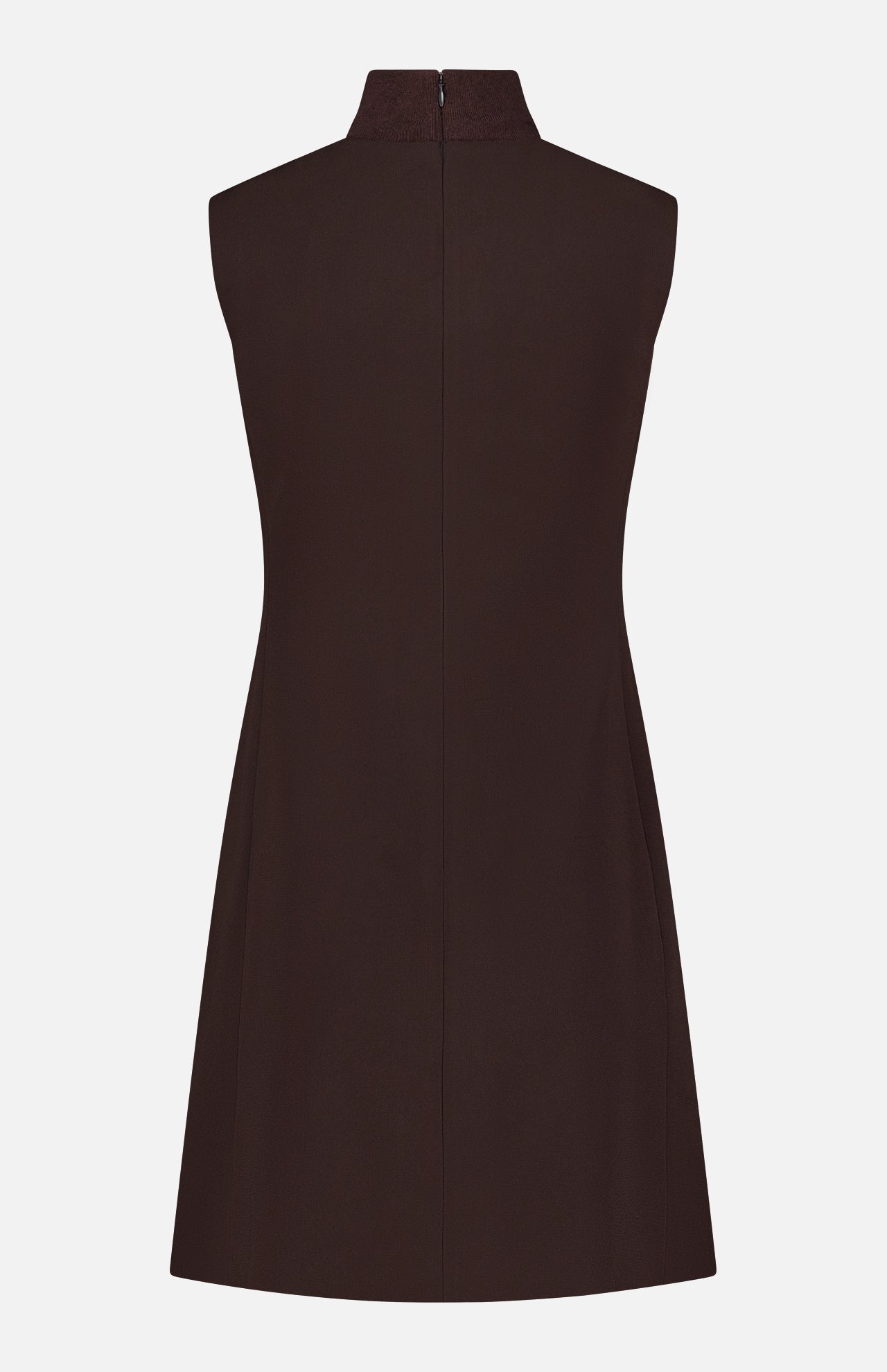 The THEORY Turtleneck Aline Dress is a sleeveless, knee-length dark brown piece displayed from the back, featuring a high turtleneck-inspired collar and a concealed center zipper. Its simple, straight A-line silhouette is free of visible embellishments or patterns.