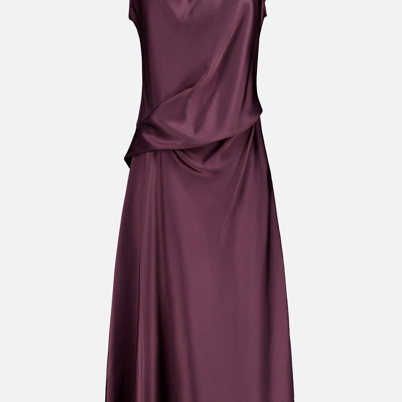 The THEORY Twist Bodice Midi Dress, a sleeveless fit-and-flare style in dark purple Japanese double satin, features a draped asymmetric bodice and subtly flared skirt, shown against a plain light backdrop.