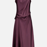 The THEORY Twist Bodice Midi Dress, a sleeveless fit-and-flare style in dark purple Japanese double satin, features a draped asymmetric bodice and subtly flared skirt, shown against a plain light backdrop.