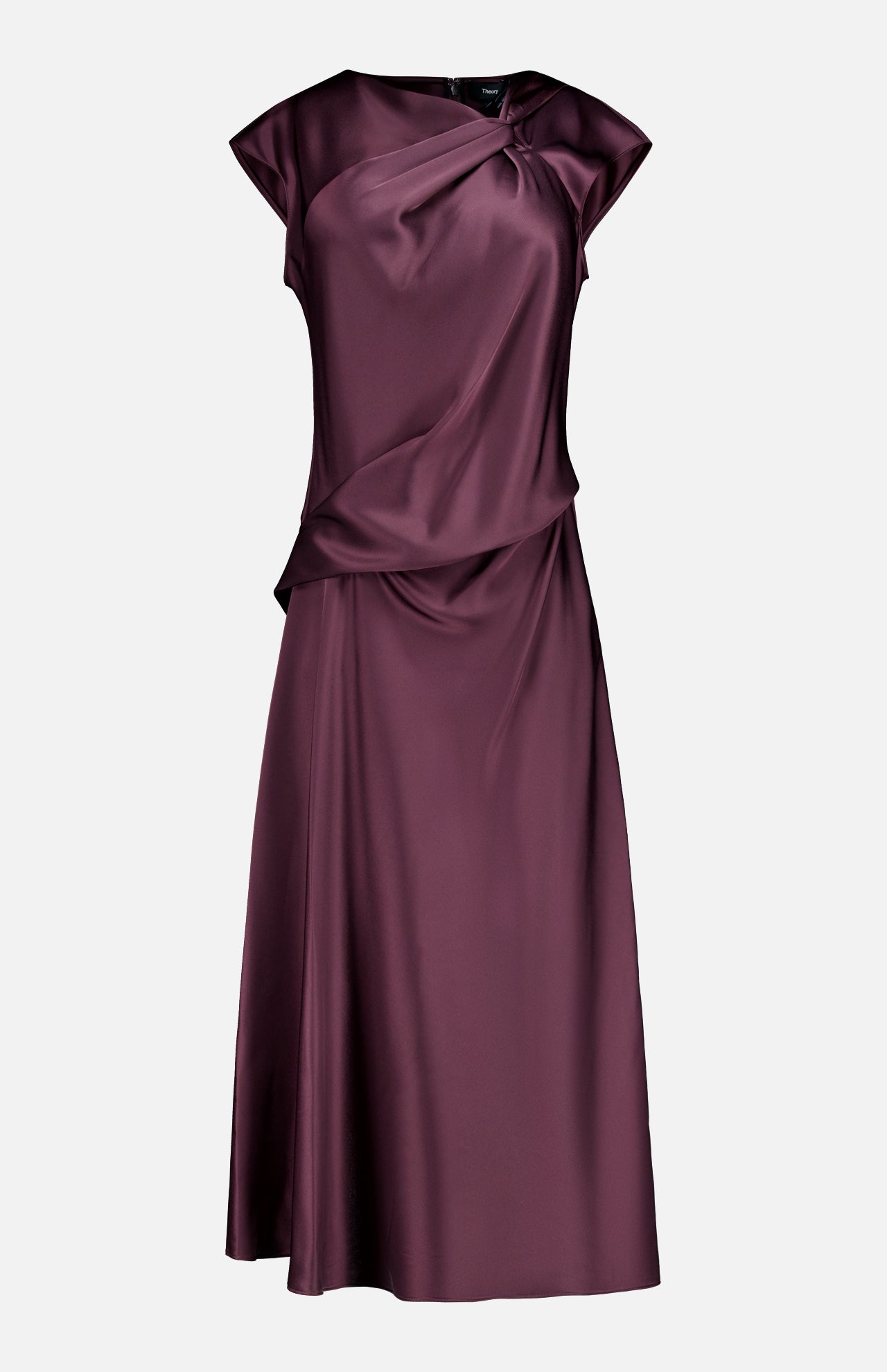The THEORY Twist Bodice Midi Dress, a sleeveless fit-and-flare style in dark purple Japanese double satin, features a draped asymmetric bodice and subtly flared skirt, shown against a plain light backdrop.