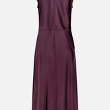The THEORY Twist Bodice Midi Dress features a back view in deep burgundy Japanese double satin, with short sleeves, a bottom slit, fitted waist, and elegant shine for a refined look.