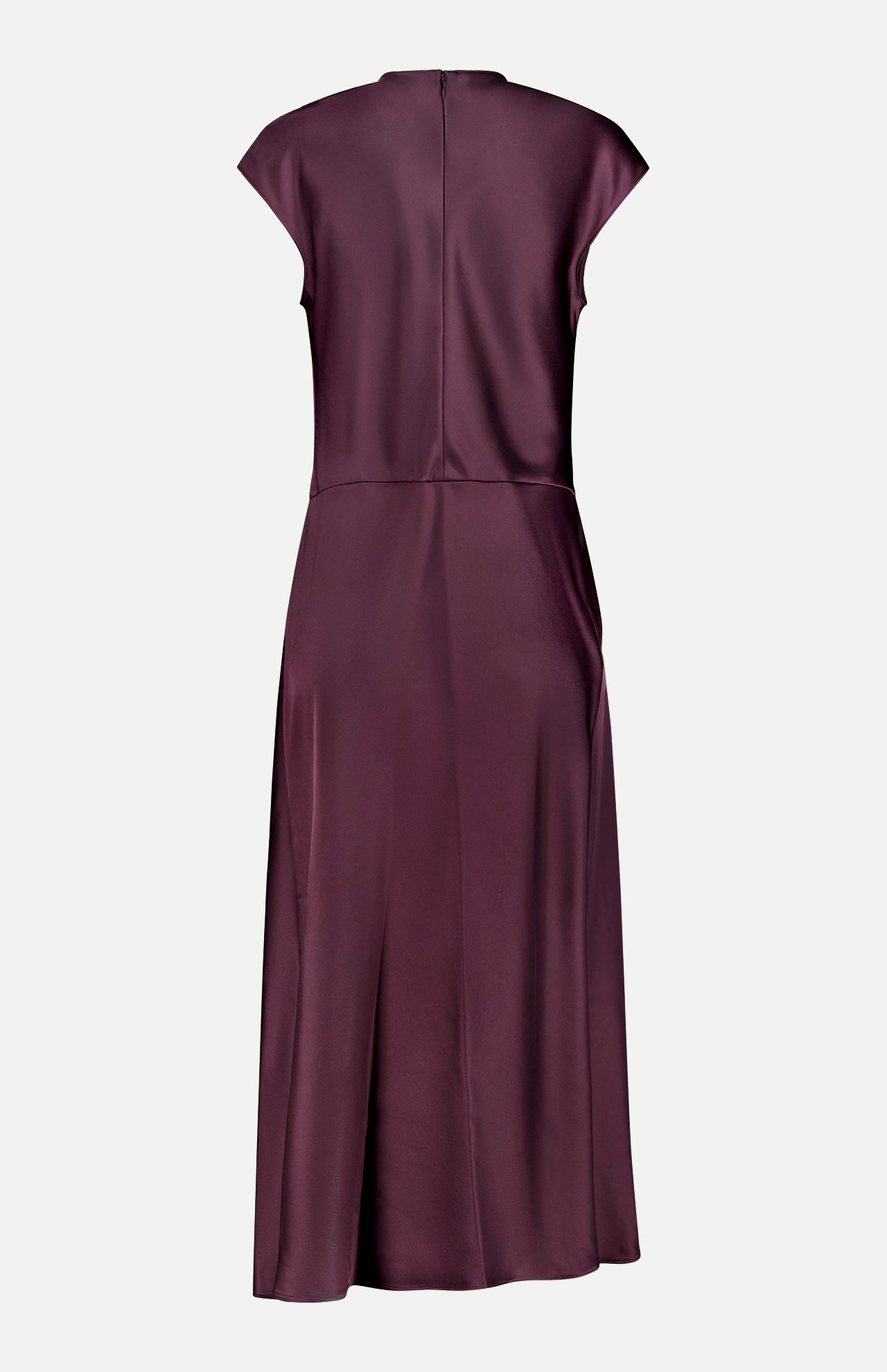 The THEORY Twist Bodice Midi Dress features a back view in deep burgundy Japanese double satin, with short sleeves, a bottom slit, fitted waist, and elegant shine for a refined look.