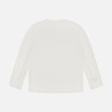 Back view of the THEORY Volume Sleeve Silk Blouse in off-white, featuring a crew neckline, voluminous sleeves with subtle cuff ties, displayed against a white background.