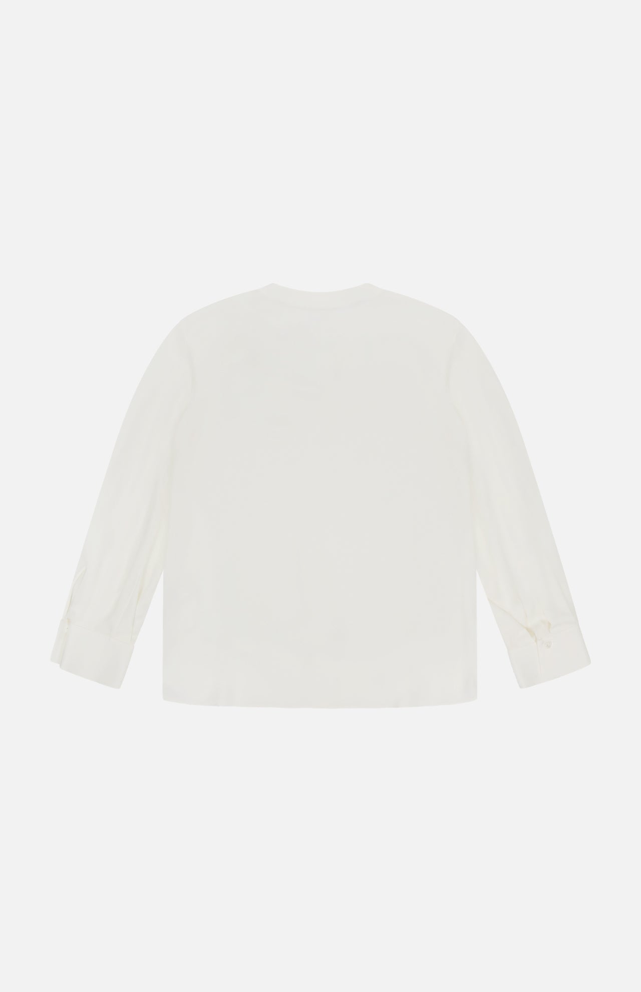 Back view of the THEORY Volume Sleeve Silk Blouse in off-white, featuring a crew neckline, voluminous sleeves with subtle cuff ties, displayed against a white background.