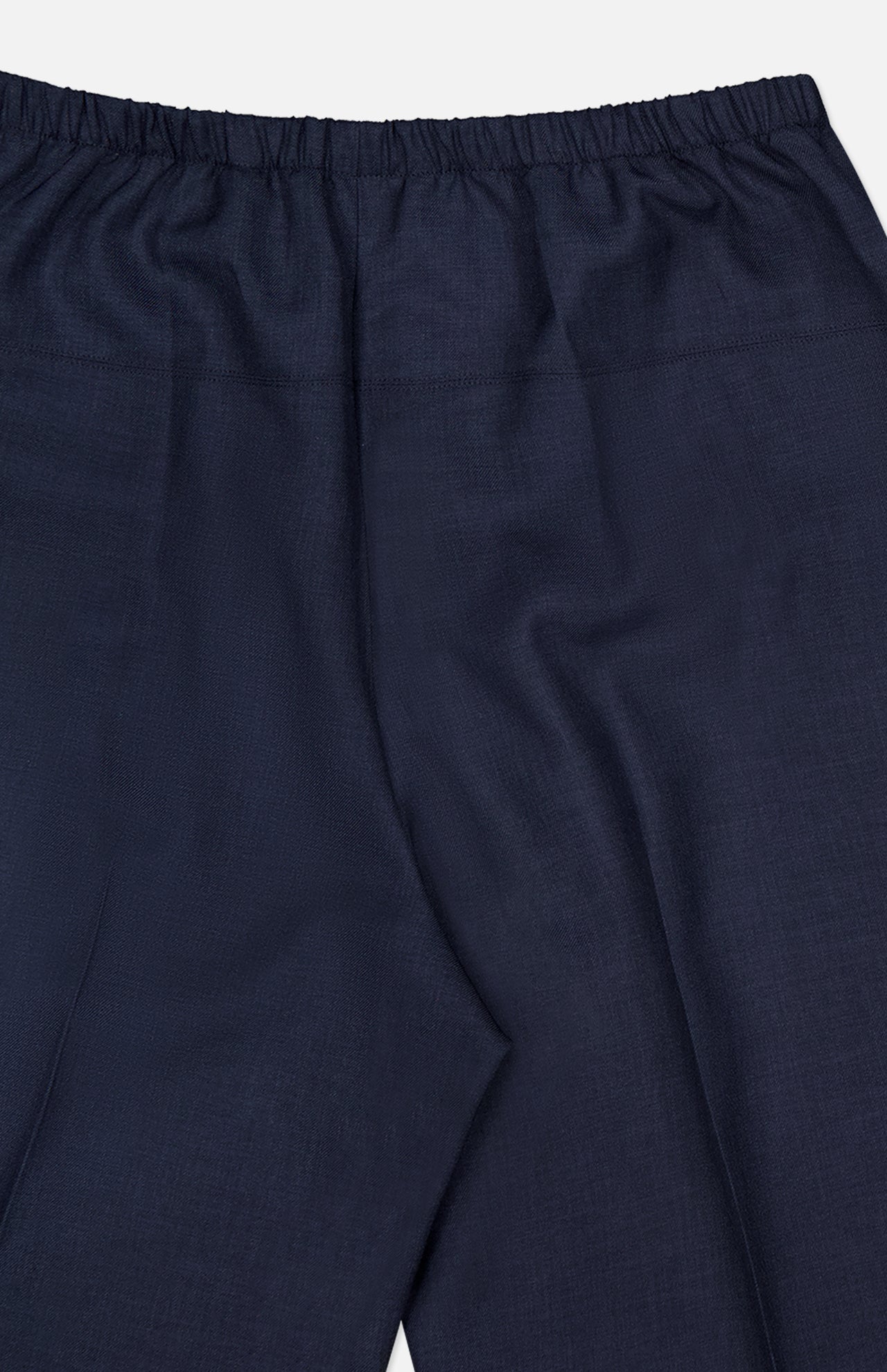 Close-up of the THEORY Wide Cropped Pull-On Pant in dark navy, crafted from lightweight fabric with an elastic waistband and relaxed fit.
