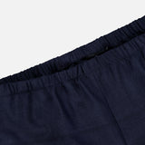 Close-up of the waistband on THEORY’s Wide Cropped Pull-On Pant in dark navy, featuring an elastic band and pull-on design, displayed against a plain white background.