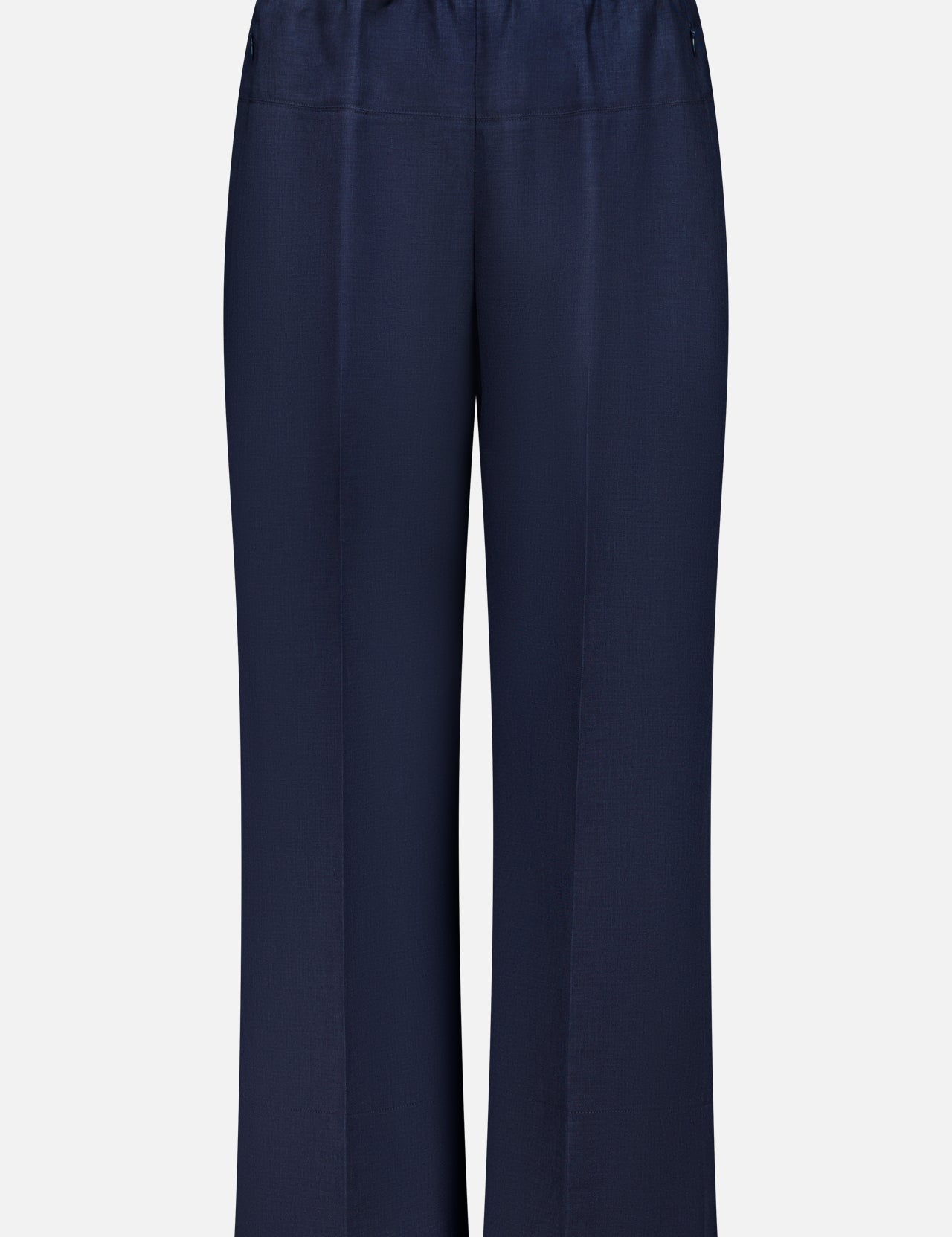 THEORY Wide Cropped Pull-On Pant in dark navy features a relaxed, straight wide-leg fit with an elastic waistband and no visible pockets or embellishments, shown against a plain white background.