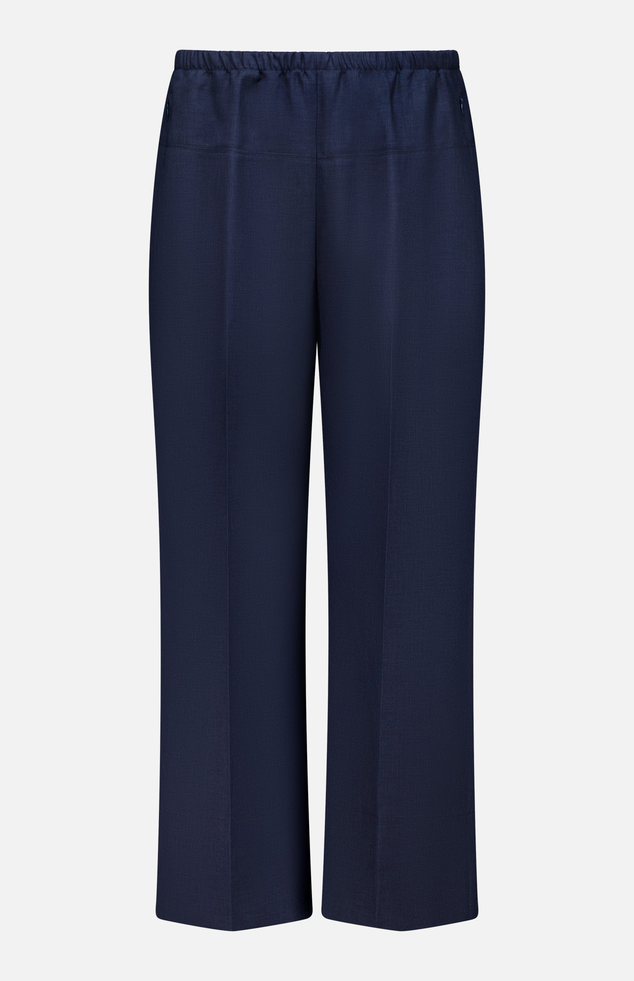 THEORY Wide Cropped Pull-On Pant in dark navy features a relaxed, straight wide-leg fit with an elastic waistband and no visible pockets or embellishments, shown against a plain white background.