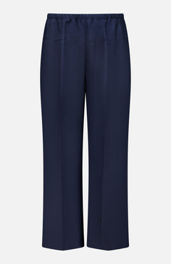 THEORY Wide Cropped Pull-On Pant in dark navy features a relaxed, straight wide-leg fit with an elastic waistband and no visible pockets or embellishments, shown against a plain white background.