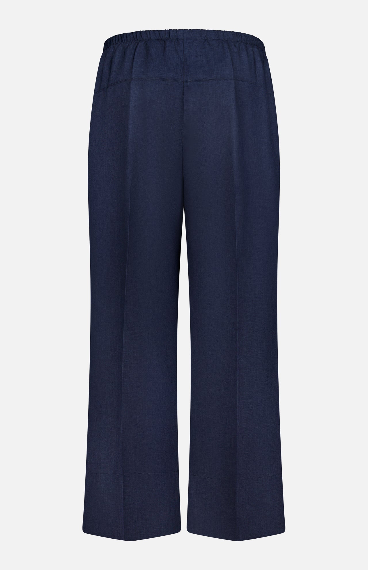 THEORY Wide Cropped Pull-On Pant in dark navy, featuring a lightweight fabric with subtle sheen, elastic waistband, and wide-leg cropped design. Shown from the back against a plain white background.