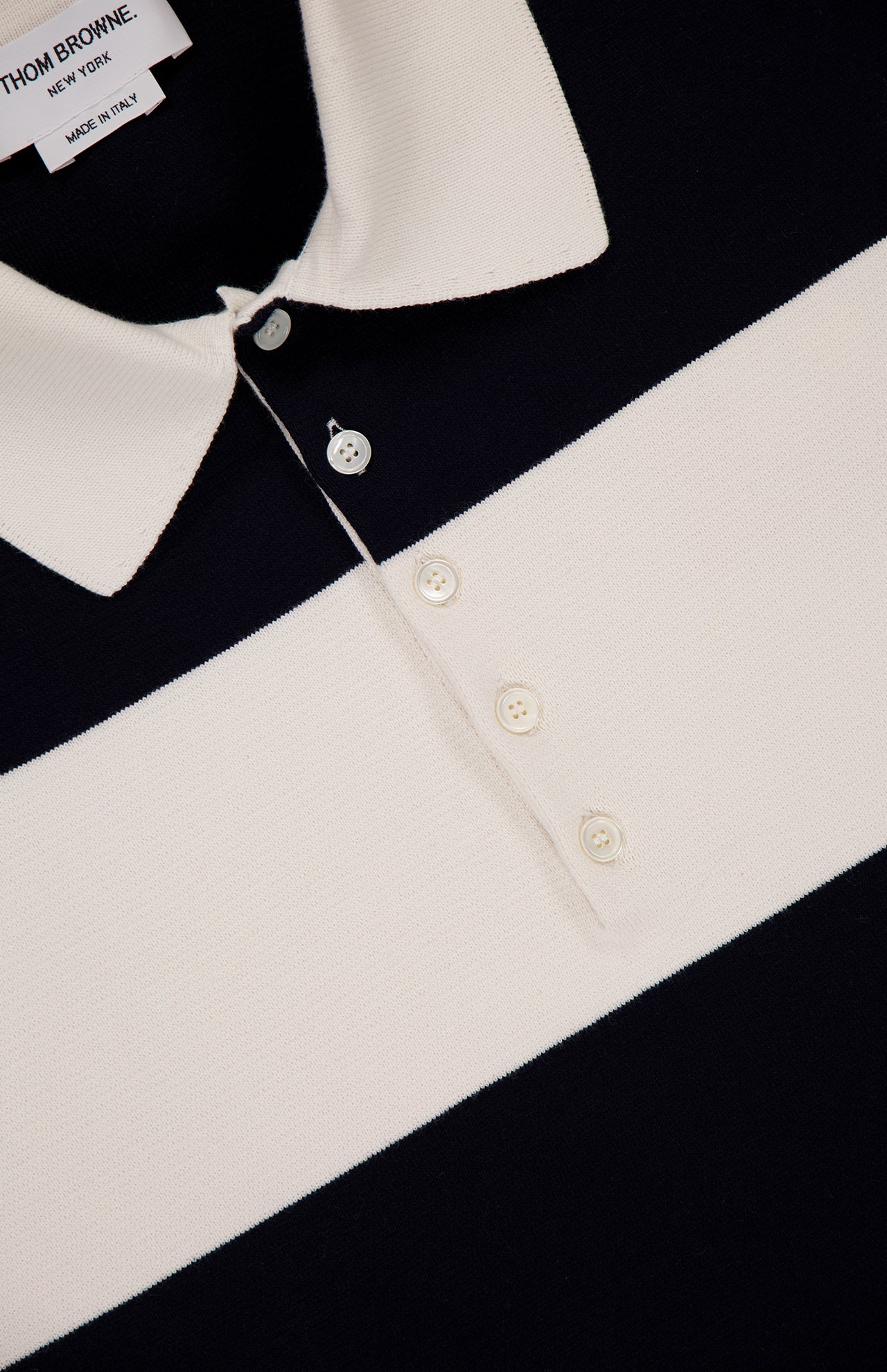 【THOM BROWNE】Rugby Fit RWB Stripe Short Sleeve Polo Shirt Thom Browne Rugby Stripe Short Sleeve Polo in Navy & White