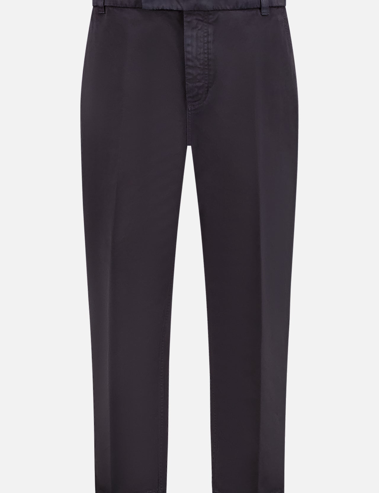 The THOM BROWNE Utility Chino Trouser is a pair of black straight leg pants with belt loops, a concealed fly, and classic design, displayed against a plain white background.
