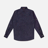 The THOM BROWNE Denim Long Sleeve Button Down Straight Fit Shirt for men, in dark blue cotton, features buttoned cuffs and a red, white, and blue striped tag below the collar. Shown flat from the back on a white background for a classic look.