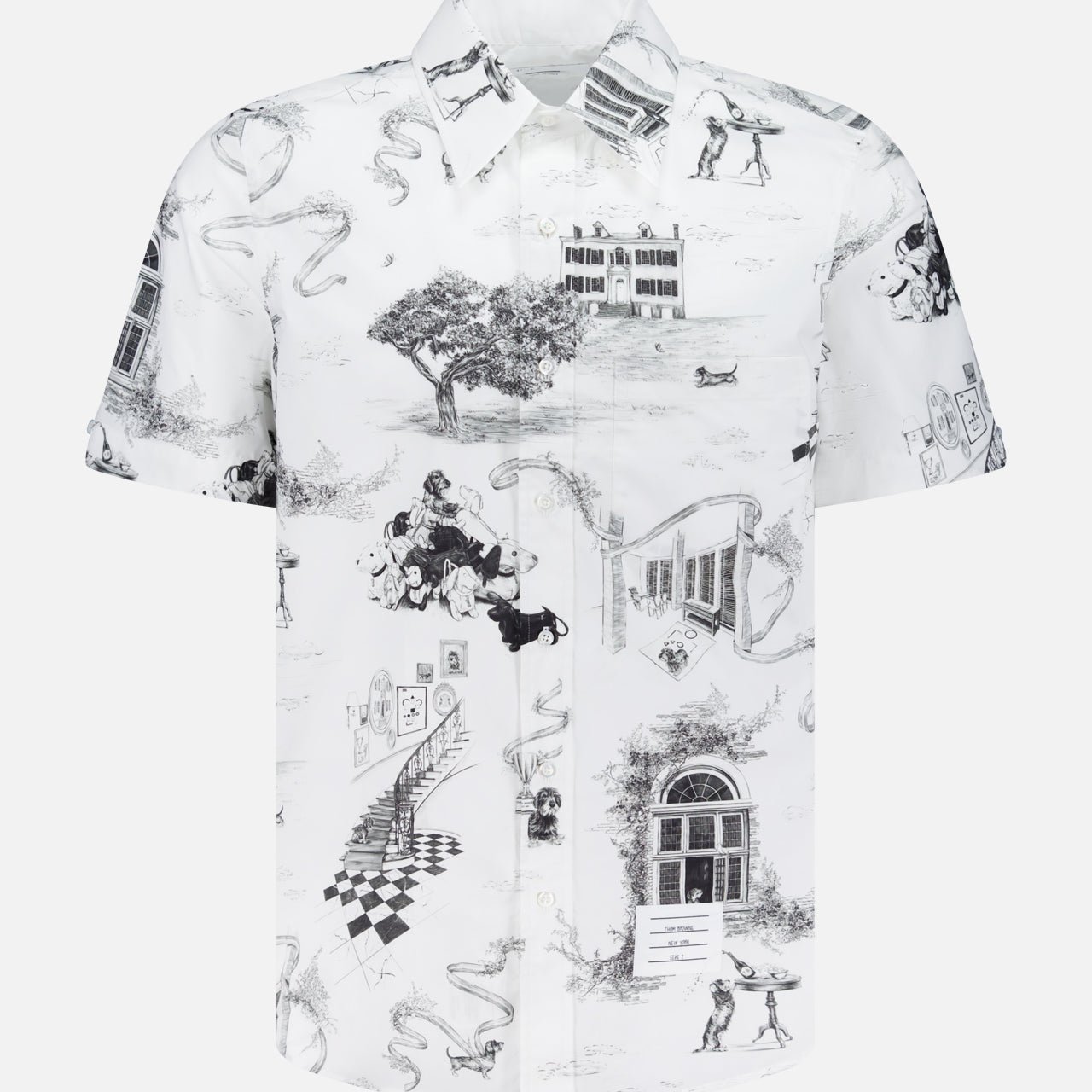 The Hector Toile Printed Straight Fit Button Up Shirt by THOM BROWNE features black and grey collage-style illustrations of buildings, trees, people, snakes, and dogs on cotton poplin.