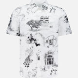 The Hector Toile Printed Straight Fit Button Up Shirt by THOM BROWNE features black and grey collage-style illustrations of buildings, trees, people, snakes, and dogs on cotton poplin.