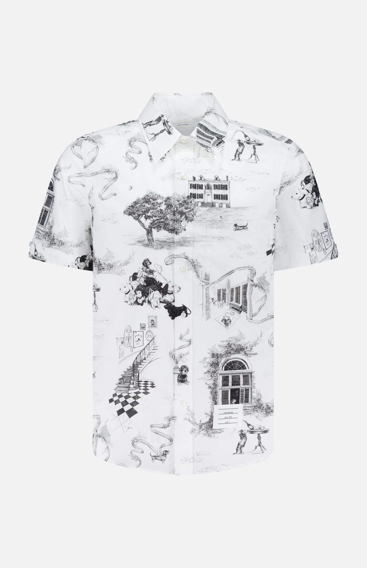 The Hector Toile Printed Straight Fit Button Up Shirt by THOM BROWNE features black and grey collage-style illustrations of buildings, trees, people, snakes, and dogs on cotton poplin.