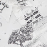 A close-up of the THOM BROWNE Hector Toile Printed Straight Fit Button Up Shirt with black line art illustrations and a visible "Thom Browne New York Made in Italy" label.