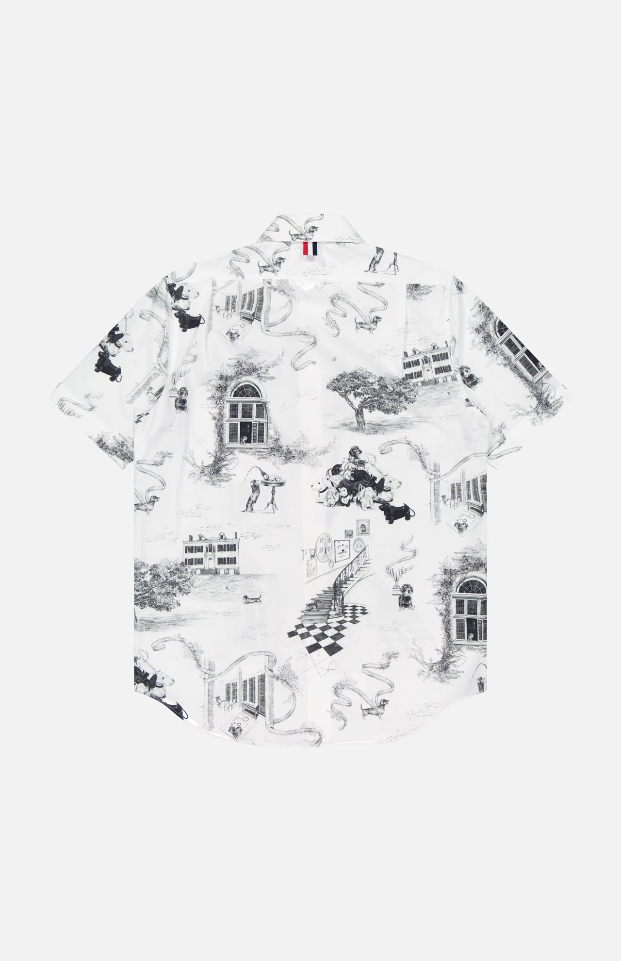 The THOM BROWNE Hector Toile Printed Straight Fit Button Up Shirt is a white cotton poplin top featuring short sleeves and a black and gray surreal toile-style print with scenes of people, animals, buildings, trees, and abstract patterns.