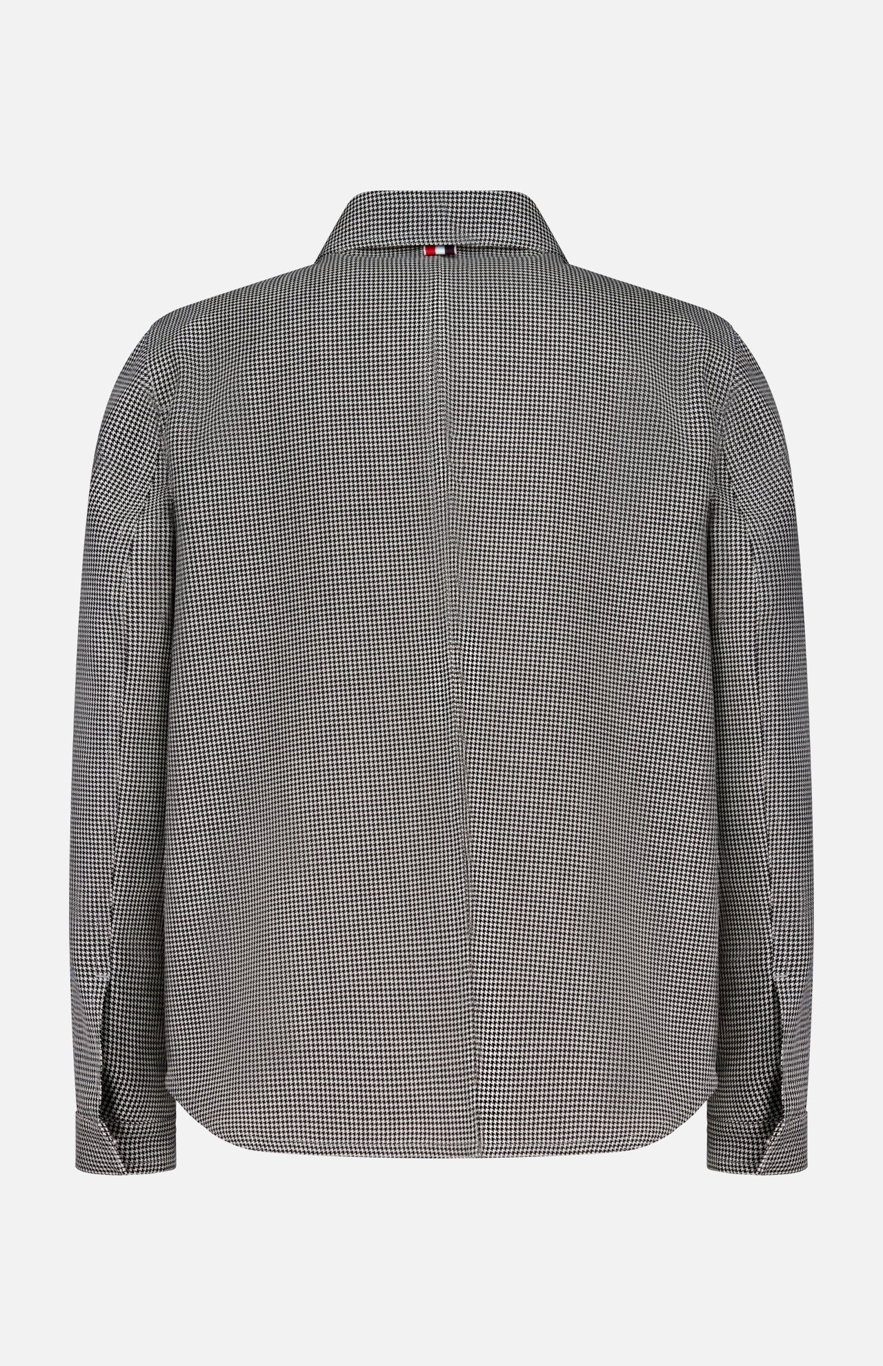 The Houndstooth Utility Patch Pocket Jacket by THOM BROWNE is a long-sleeved, black-and-white houndstooth shirt jacket shown from the back with a collar and buttoned cuffs.