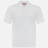 The THOM BROWNE Classic Pique Short Sleeve Rib Cuff Polo Shirt is made from 100% cotton, features a timeless collar, button-up placket, and short sleeves, shown against a clean white background.