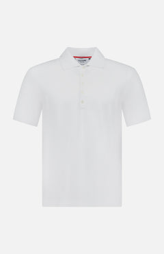 The THOM BROWNE Classic Pique Short Sleeve Rib Cuff Polo Shirt is made from 100% cotton, features a timeless collar, button-up placket, and short sleeves, shown against a clean white background.