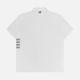 The THOM BROWNE Classic Pique Short Sleeve Rib Cuff Polo Shirt features classic Americana style with 100% cotton, three gray horizontal stripes on the left side, and a red, white, and blue striped loop below the collar.