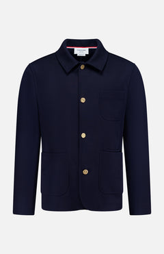 The THOM BROWNE Compact Milano Car Jacket features a collar, long sleeves, gold buttons, and three front pockets in navy, capturing classic Americana style against a plain white background.