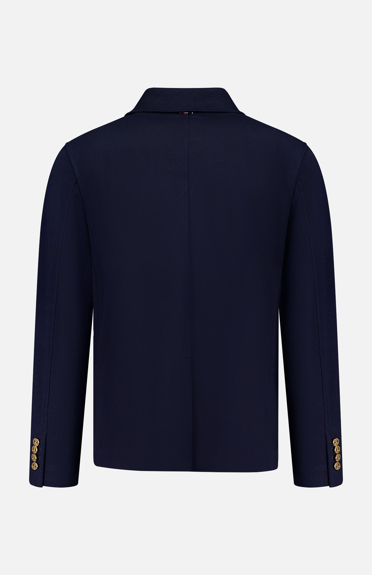 The THOM BROWNE Compact Milano Car Jacket is shown from the back in navy blue, featuring a notch collar and gold sleeve buttons. This men’s jacket captures classic Americana style, set against a plain white background.