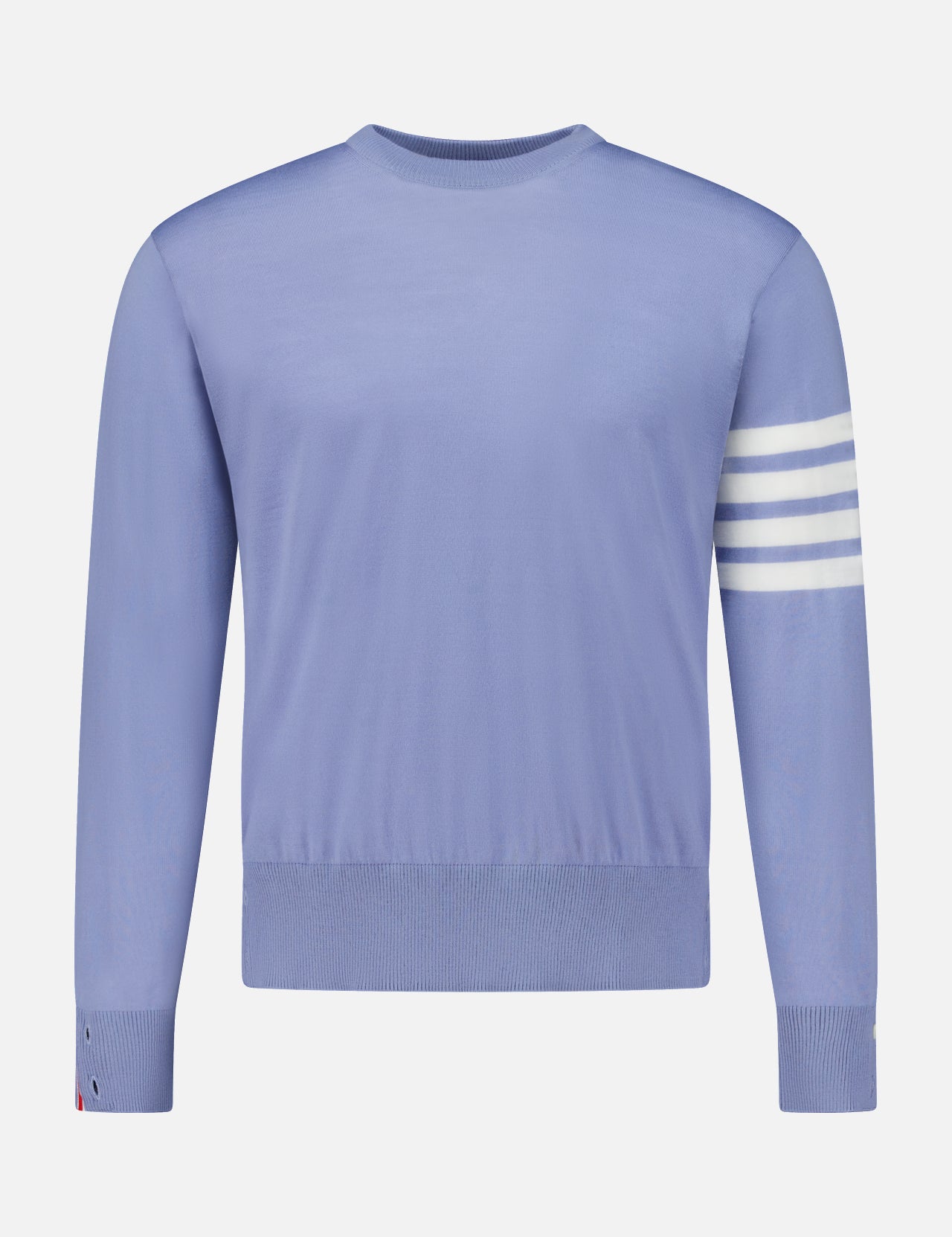 Light blue Fine Merino Wool Classic Crewneck Pullover with four white stripes on the left sleeve.