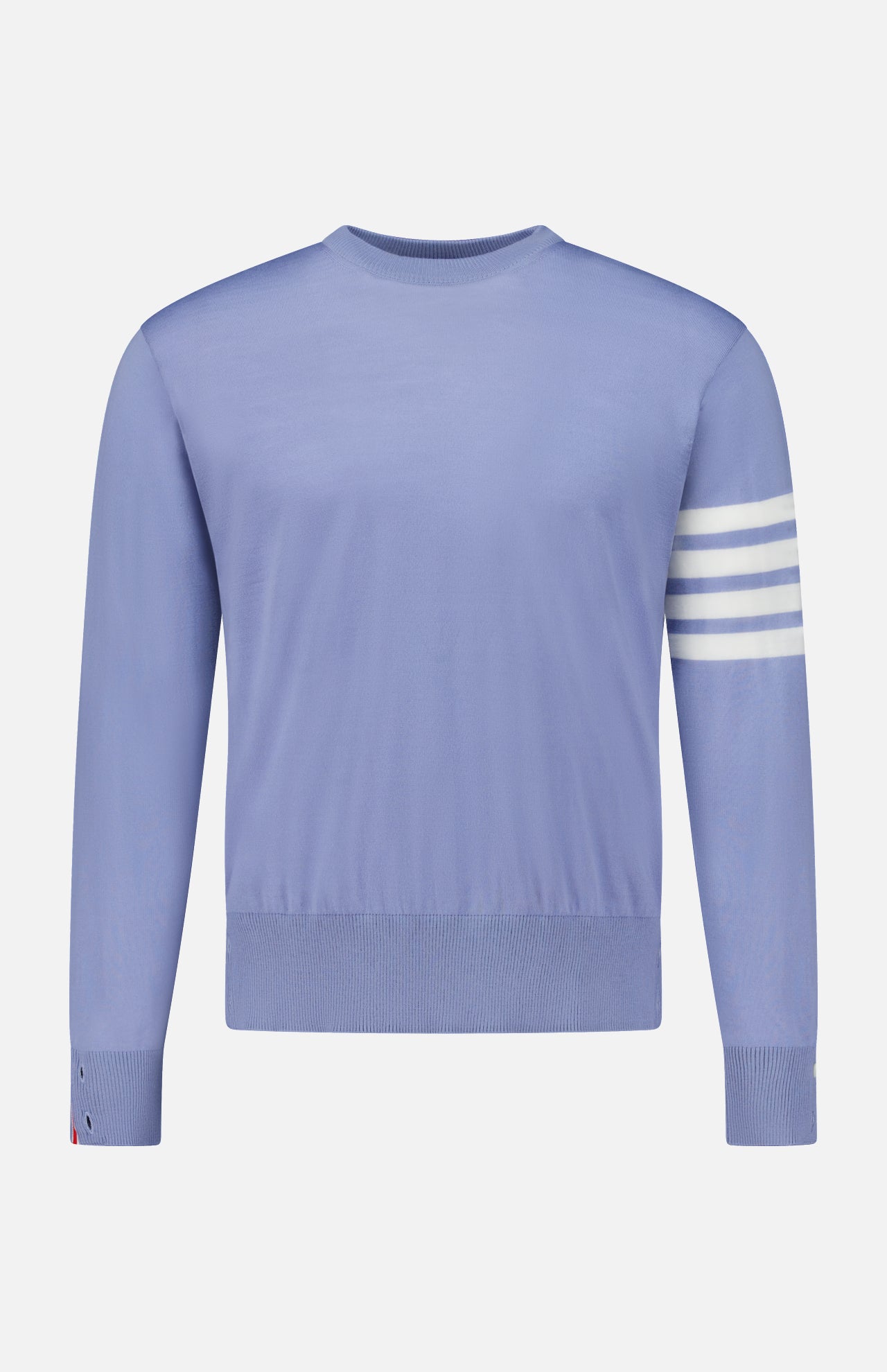 Light blue Fine Merino Wool Classic Crewneck Pullover with four white stripes on the left sleeve.