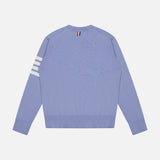 Back view of a light blue Thom Browne, Inc. Fine Merino Wool Classic Crewneck Pullover featuring three white stripes on the left sleeve and a tricolor tab at the back of the neckline.