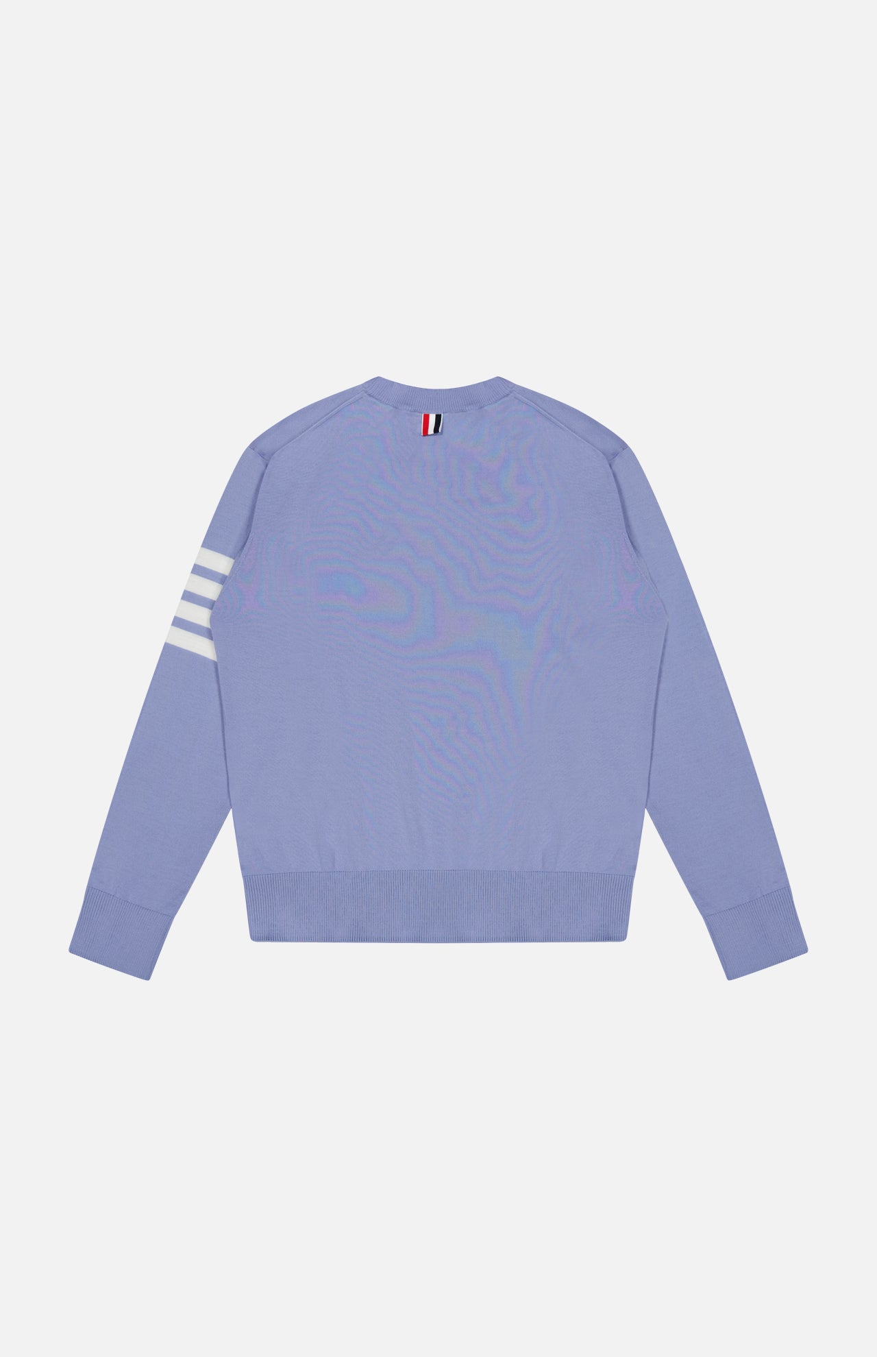 Back view of a light blue Thom Browne, Inc. Fine Merino Wool Classic Crewneck Pullover featuring three white stripes on the left sleeve and a tricolor tab at the back of the neckline.
