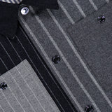 Close-up of the Funmix Stripe Utility Patch Pocket Jacket by THOM BROWNE, featuring a mix of striped patterns and angles in shades of gray and black. This elevated staple in American menswear showcases its multi-textured design with button closures, a classic collar, and utility patch pockets.