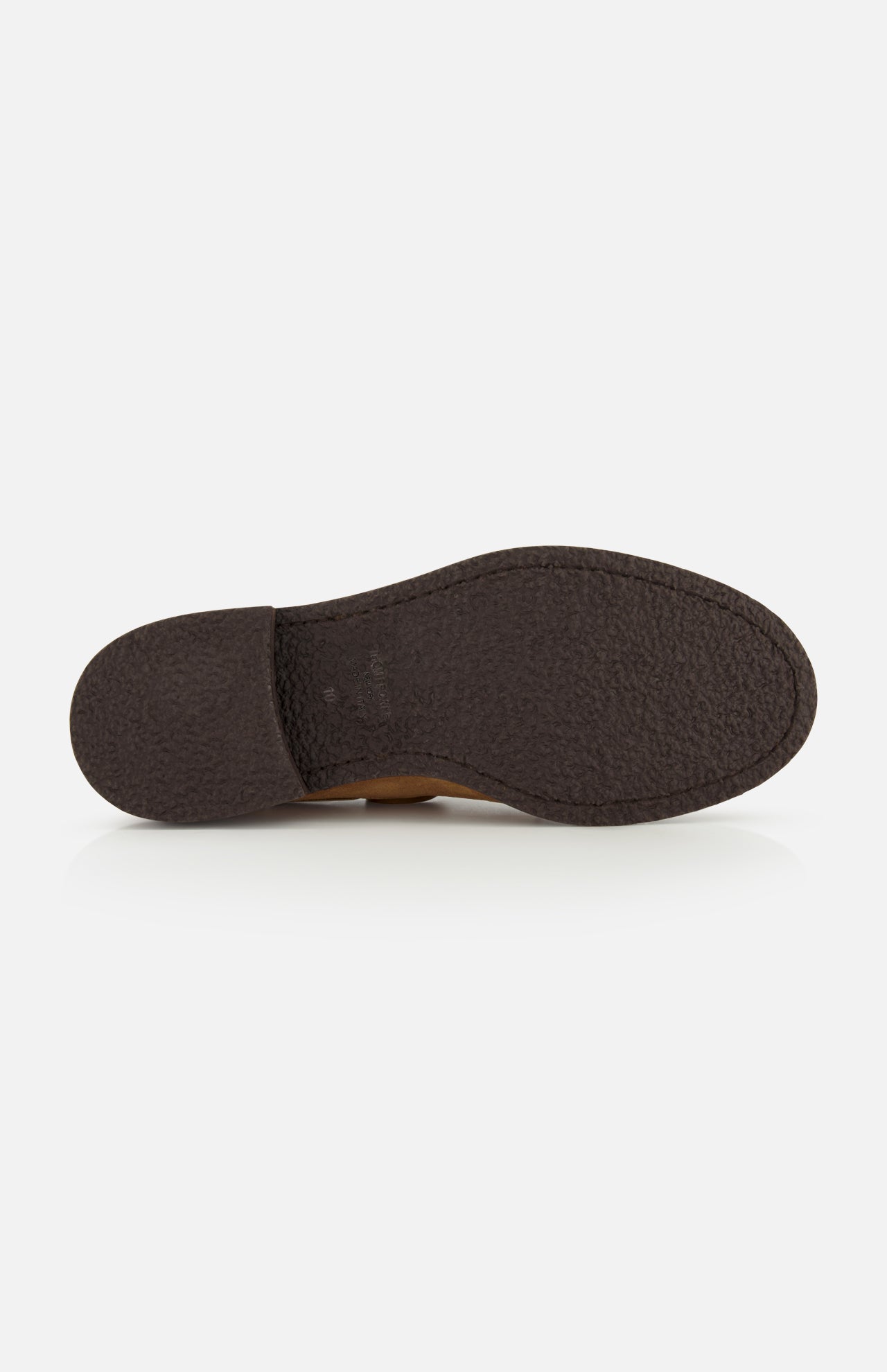 The image displays the bottom view of the THOM BROWNE Padded Boat Suede Loafer’s brown textured sole against a plain white background.