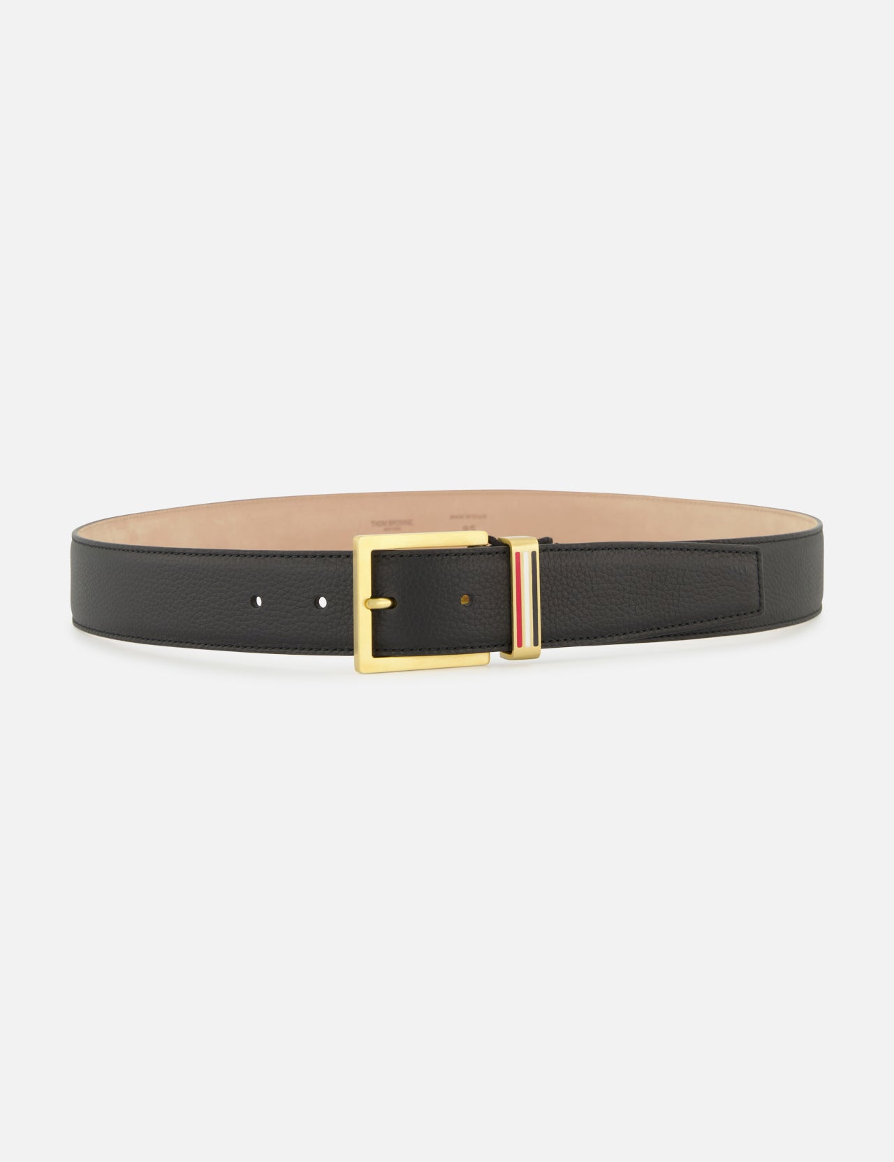 The THOM BROWNE Pebble Grain Leather Belt features black leather, a gold rectangular buckle, and a signature red, white, and blue striped detail near the buckle—a timeless men's accessory made in Italy.