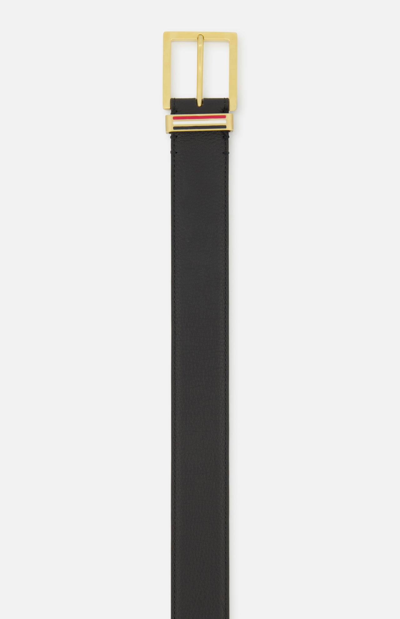 The THOM BROWNE Pebble Grain Leather Belt features black Italian leather, a gold rectangular buckle, and red, white, and blue stripes below the buckle. Displayed on a plain white background—a refined men’s accessory for any wardrobe.