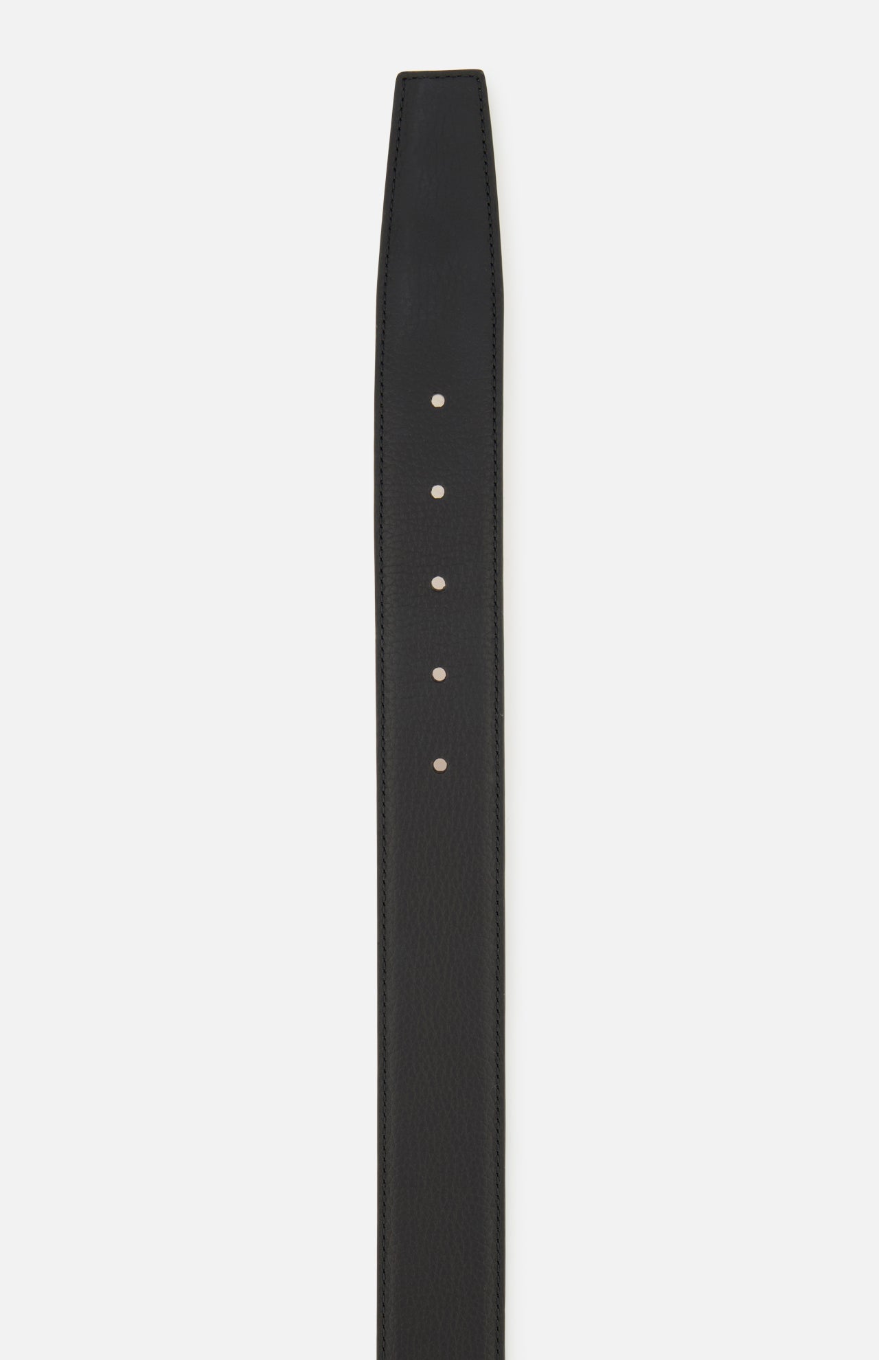 A close-up of the THOM BROWNE Pebble Grain Leather Belt, a classic men's accessory with a pointed end and five holes, crafted in Italy from black leather, shown against a plain white background.