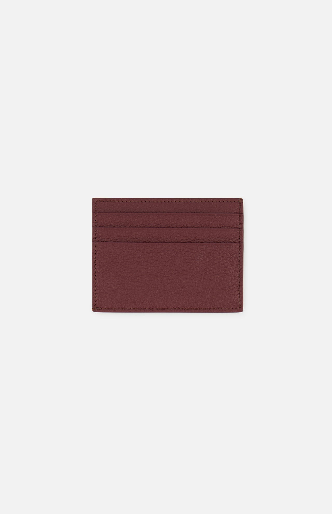 The THOM BROWNE Pebble Grain Leather Card Holder in burgundy features four horizontal card slots and is crafted from luxurious pebble grain leather, shown against a plain white background.