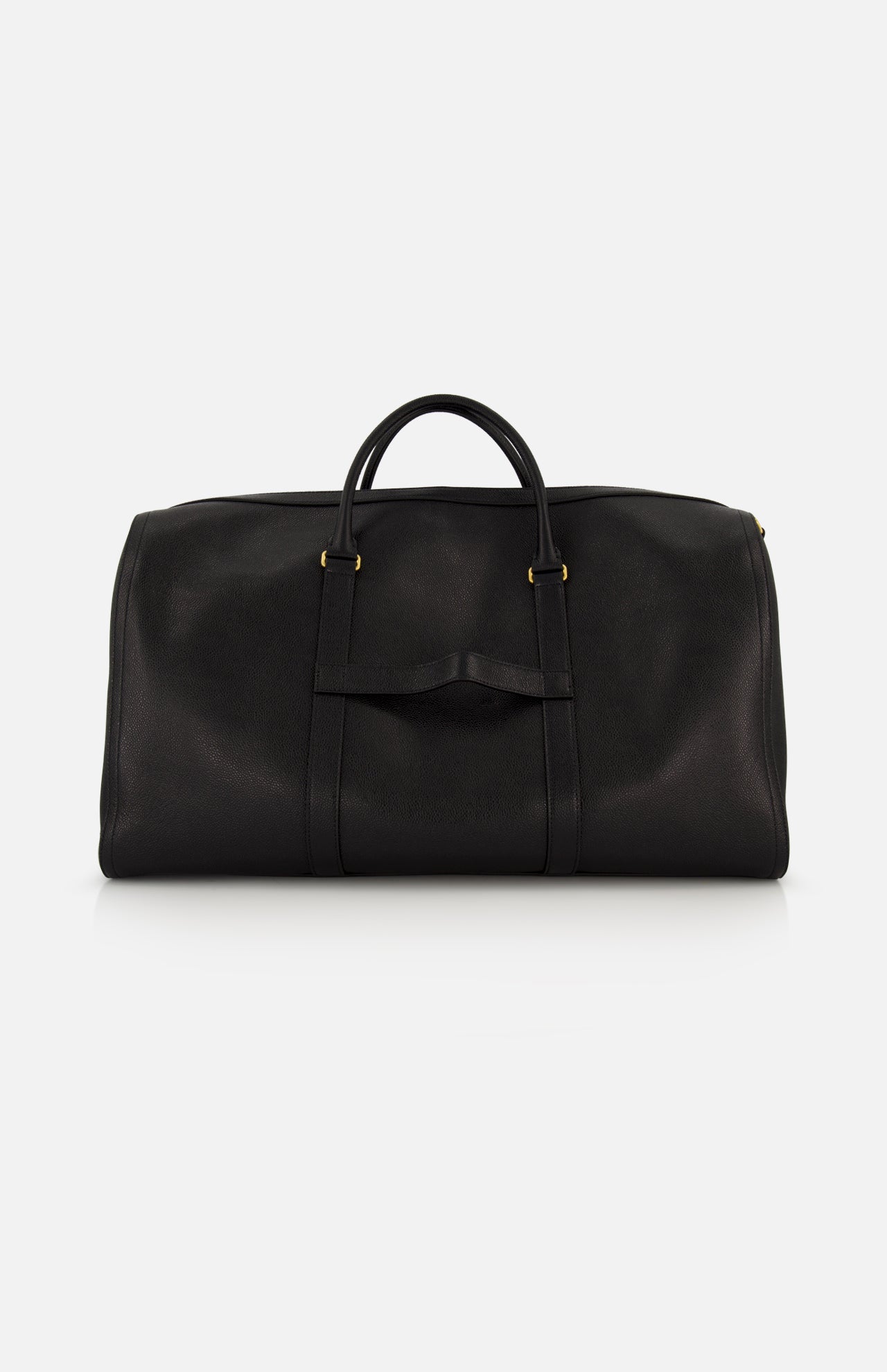 The THOM BROWNE Pebble Grain Leather Duffle Bag, featuring two handles, gold-tone hardware, and a minimalist black design, is displayed against a plain white background.