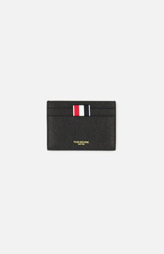 Thom Browne, Inc. Pebble Grain Leather Single Card Holder in black with a red, white, and blue striped tab at the top.
