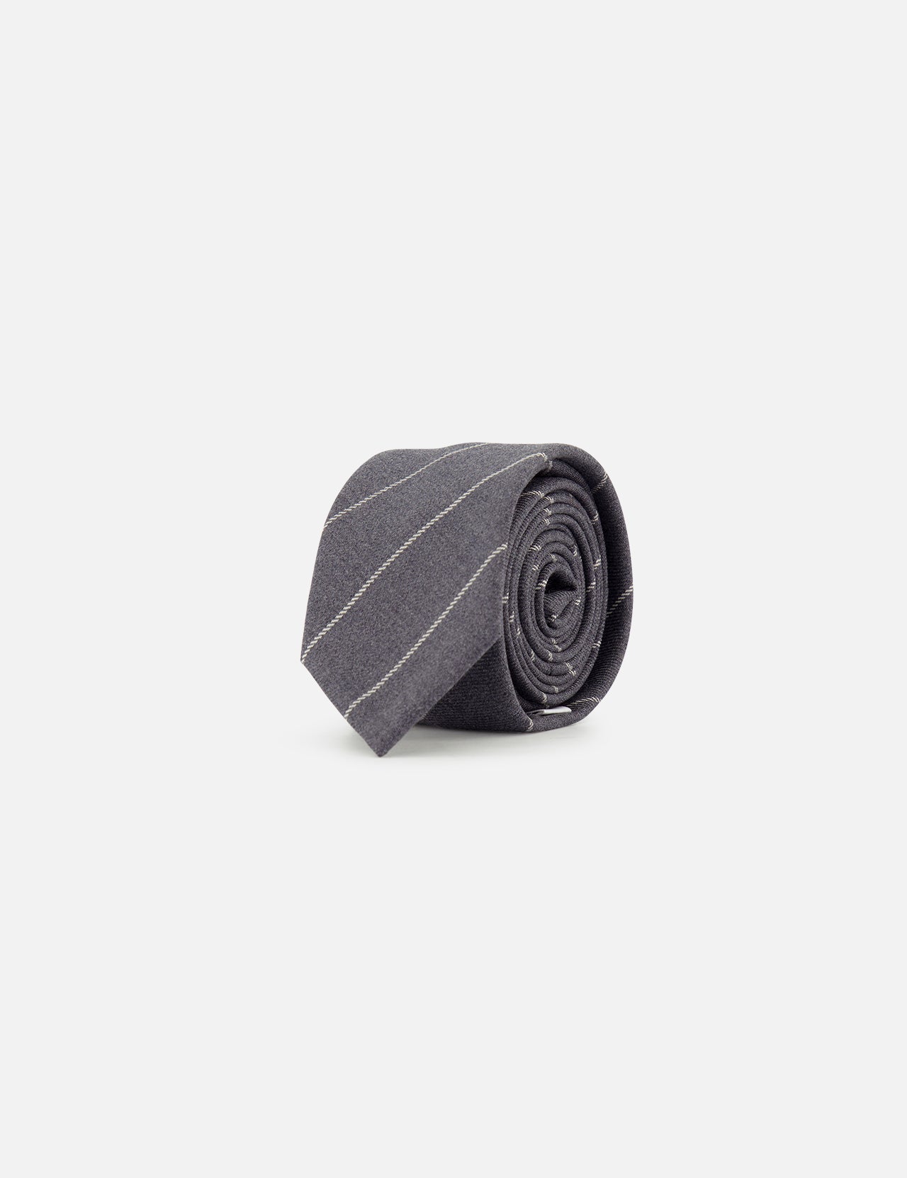 The THOM BROWNE Pinstripe Wool Classic Tie, crafted in Italy, is shown rolled up on a plain white background. This tie features a dark gray wool fabric with subtle diagonal pinstripes.