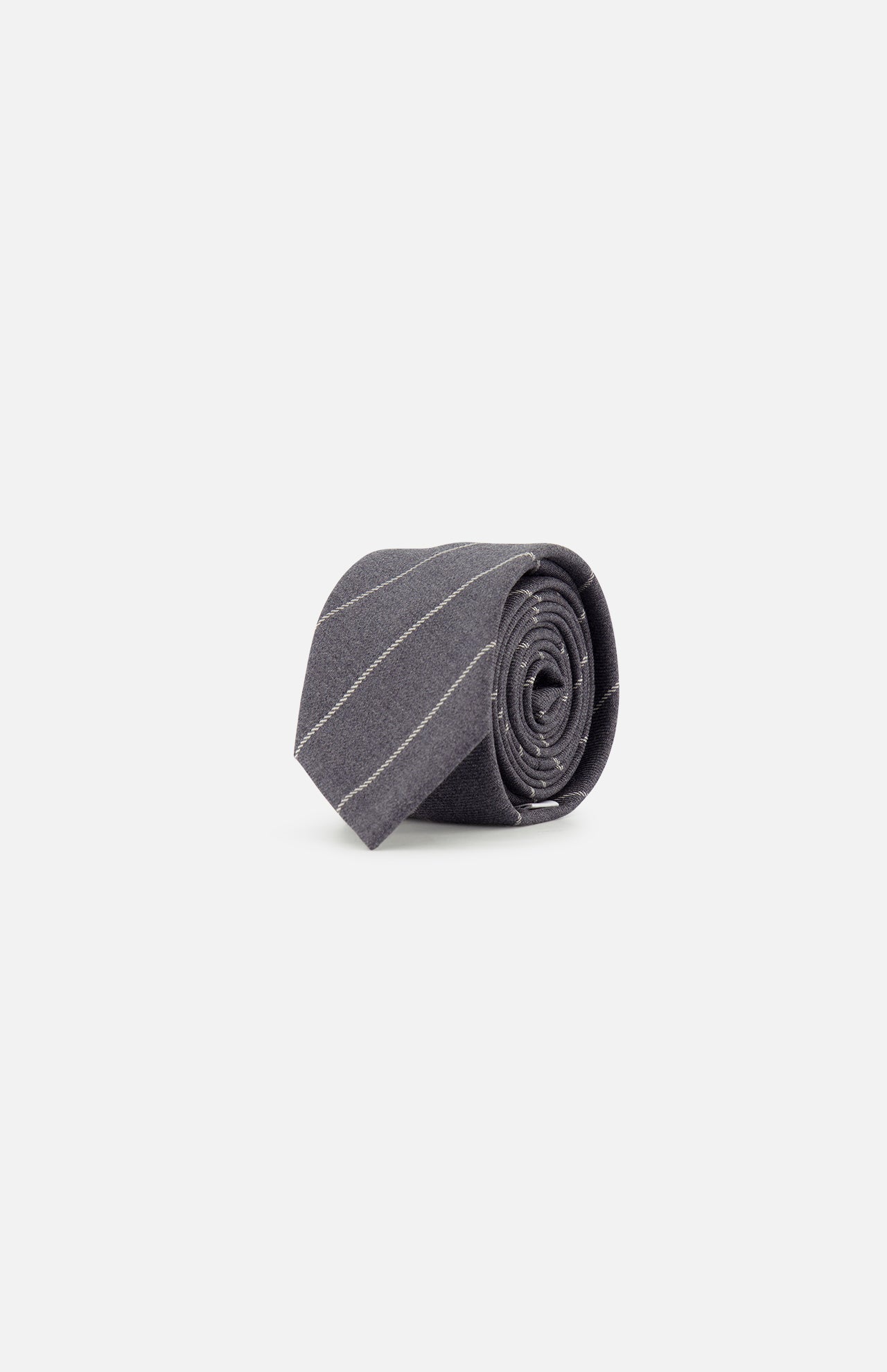 The THOM BROWNE Pinstripe Wool Classic Tie, crafted in Italy, is shown rolled up on a plain white background. This tie features a dark gray wool fabric with subtle diagonal pinstripes.
