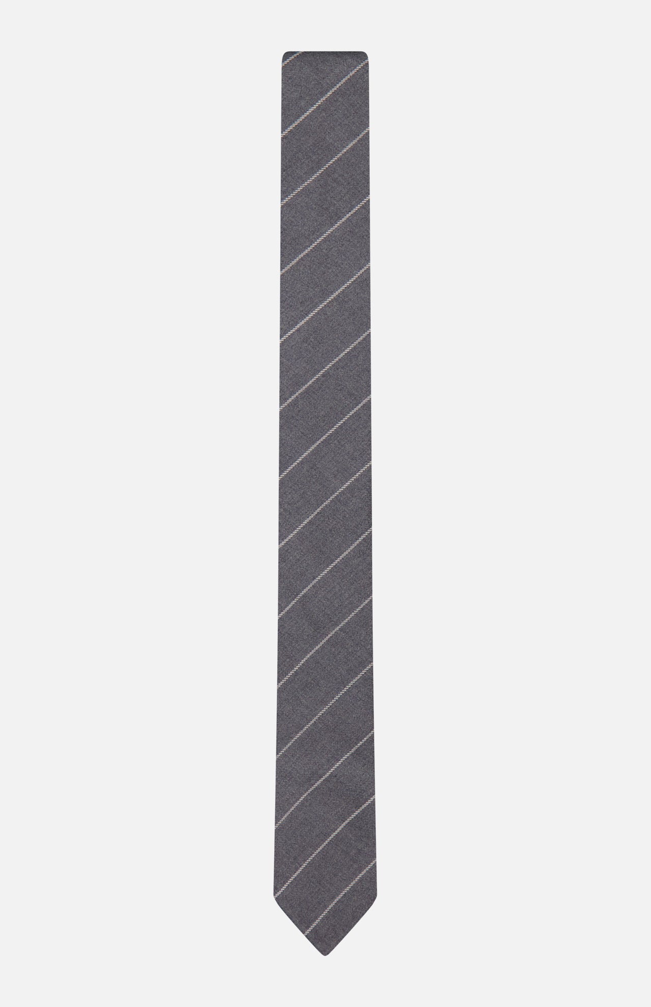 The THOM BROWNE Pinstripe Wool Classic Tie, crafted in Italy from fine wool, features thin diagonal white stripes on a grey background and is displayed against a plain white backdrop.
