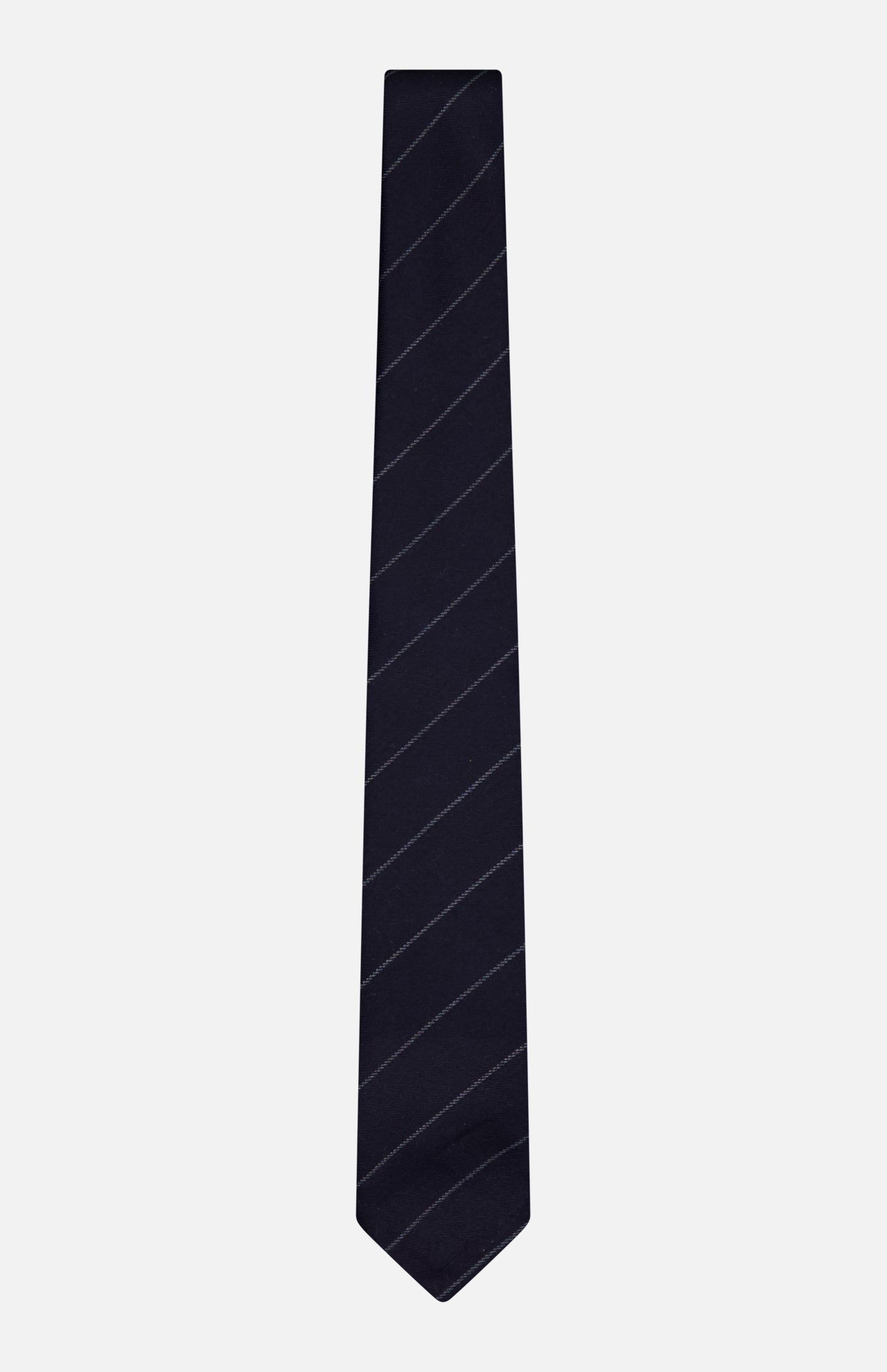 The Pinstripe Wool Classic Tie by THOM BROWNE features a dark navy blue wool fabric with subtle diagonal stripes and is crafted in Italy, shown here against a plain white background.