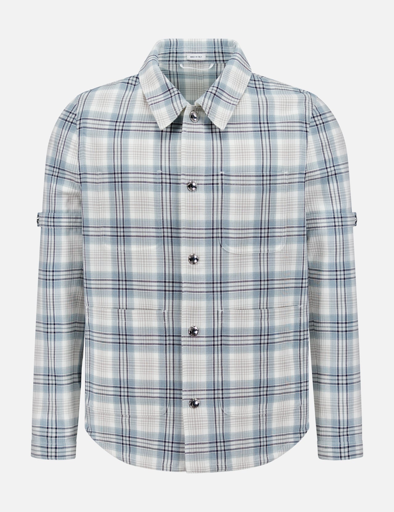 The THOM BROWNE Plaid Cotton Utility Patch Pocket Jacket is a blue, white, and gray long-sleeve plaid shirt jacket with a collar and chest pocket—versatile men’s outerwear ideal for layering year-round.