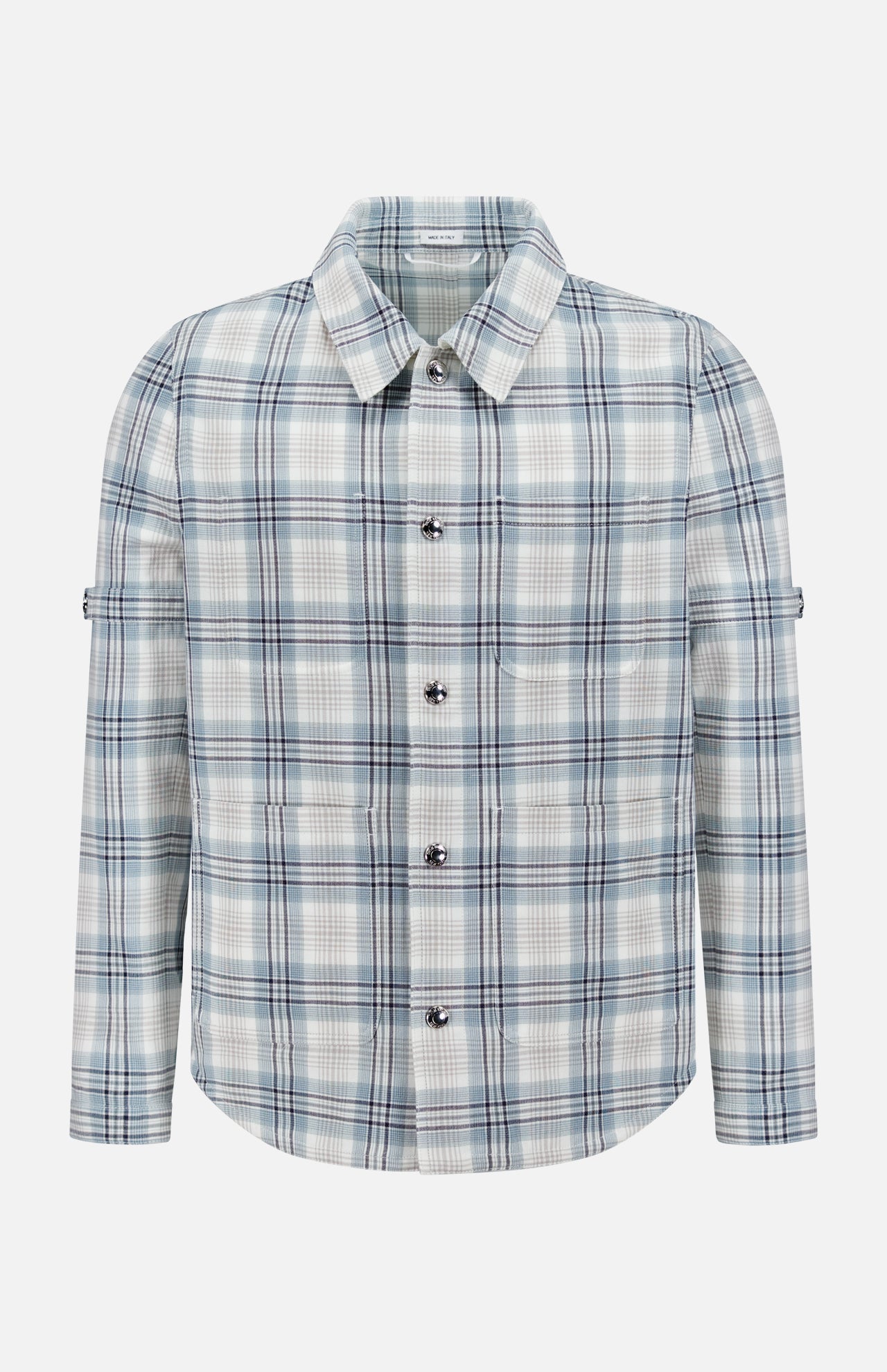 The THOM BROWNE Plaid Cotton Utility Patch Pocket Jacket is a blue, white, and gray long-sleeve plaid shirt jacket with a collar and chest pocket—versatile men’s outerwear ideal for layering year-round.