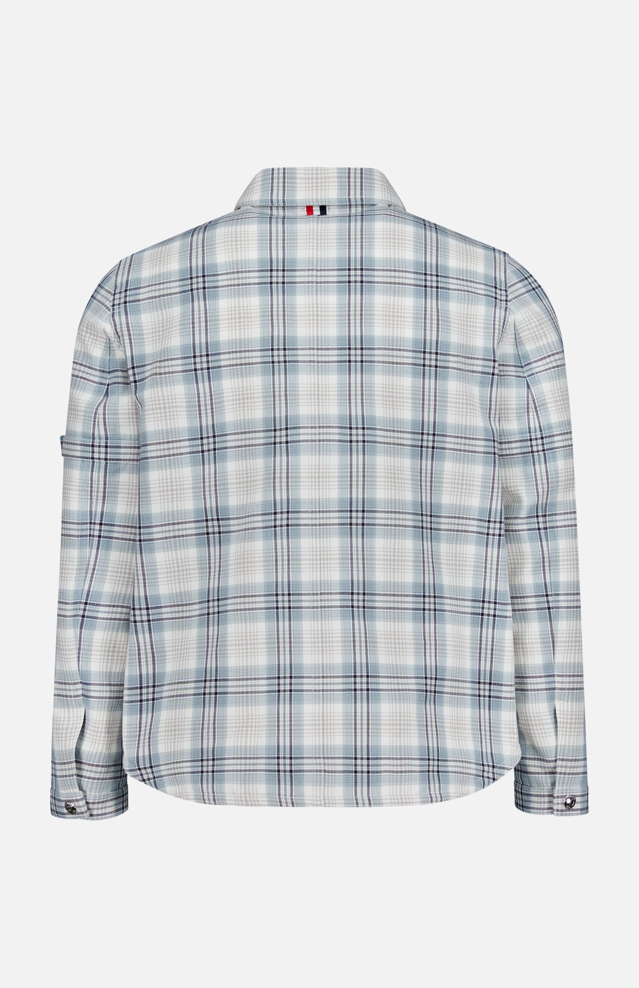 The THOM BROWNE Plaid Cotton Utility Patch Pocket Jacket features a blue, white, and gray plaid pattern in light blue. Shown from the back against a plain white background, it’s perfect as versatile men's outerwear.