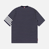 The THOM BROWNE Stripes Jersey Short Sleeve T-shirt is a navy and white men's tee, laid flat and viewed from the back, featuring short sleeves and four thick white stripes on the left sleeve.